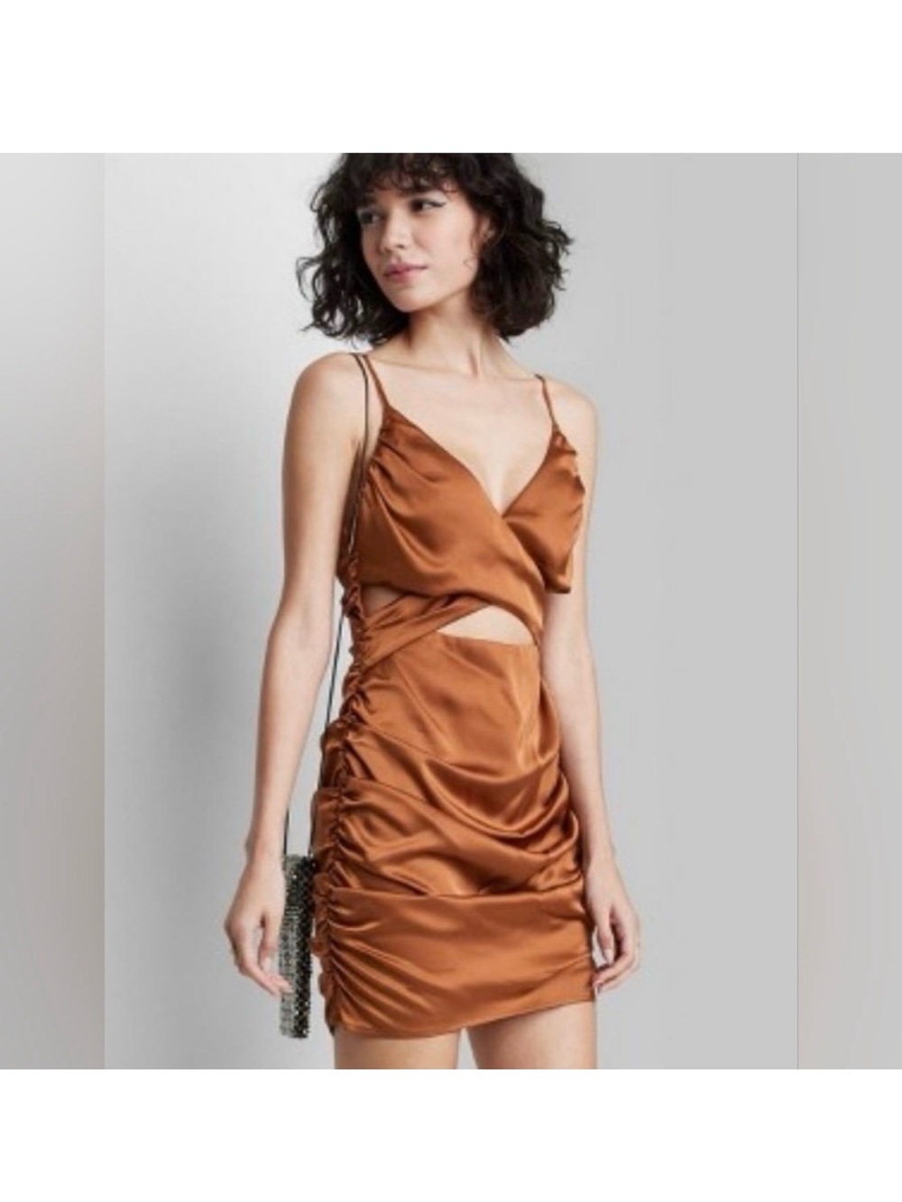 wild fable Satin Cutout Ruched Mini Dress - Bronze